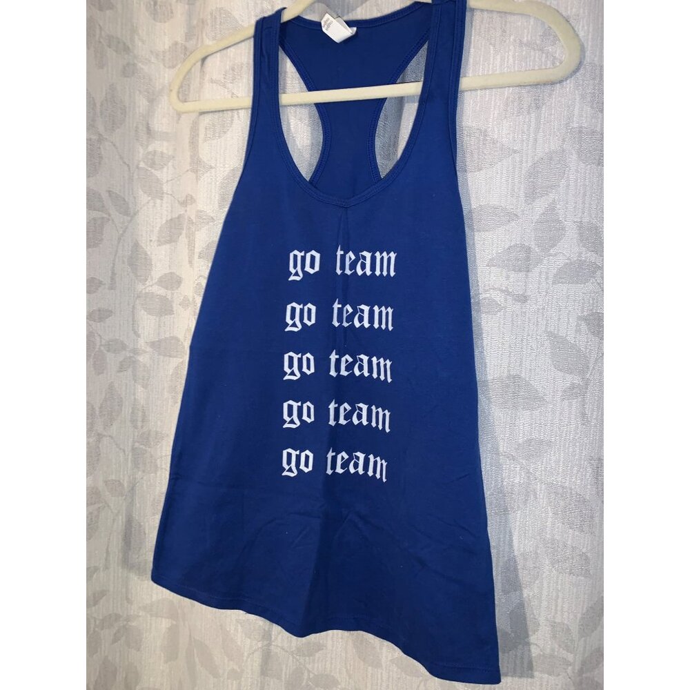 Nicole Arbour Blue Racerback Tank Top With "Go Team" Text size Medium